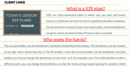 Illustration of 529 plan in theme of elementary education writing pad with chalkboard and headings What is a 529 plan and Who owns the funds. This image discribes 529 state sponsored plans for saving and investing money to withdraw tax-free for future qualified education expenses. These plants can be granted to anyone with a social security number or tax ID number - even the account beneficiary. Account holders are free to change the beneficiary at any time.