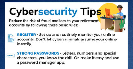 Colorful 3-D illustration in upper right of image of a person sitting at a desk with a laptop and second monitor with heading Cybersecurity Tips and supporting text describing how to secure retirements by registering your accounts for monitoring and setting strong passwords.