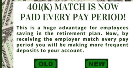 Announcement graphic with dollar bills and text : 401(k) match is now paid every pay period.
