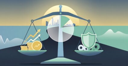 Balance scale with coins and upward trend on the left and a shield and gears on the right, symbolizing finance versus security.