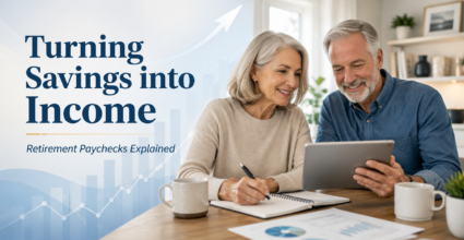 Elderly couple reviewing retirement planning on a tablet, with a notebook and charts nearby; the banner reads 'Turning Savings into Income'.] ,