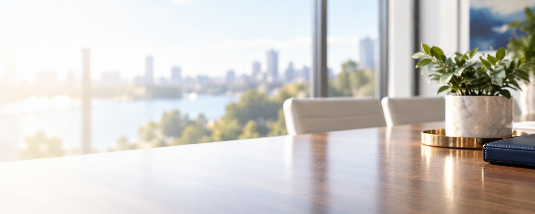 Modern conference room with a wooden table, a marble potted plant on a gold tray, and a blue notebook near the edge, with a city skyline visible through large windows.